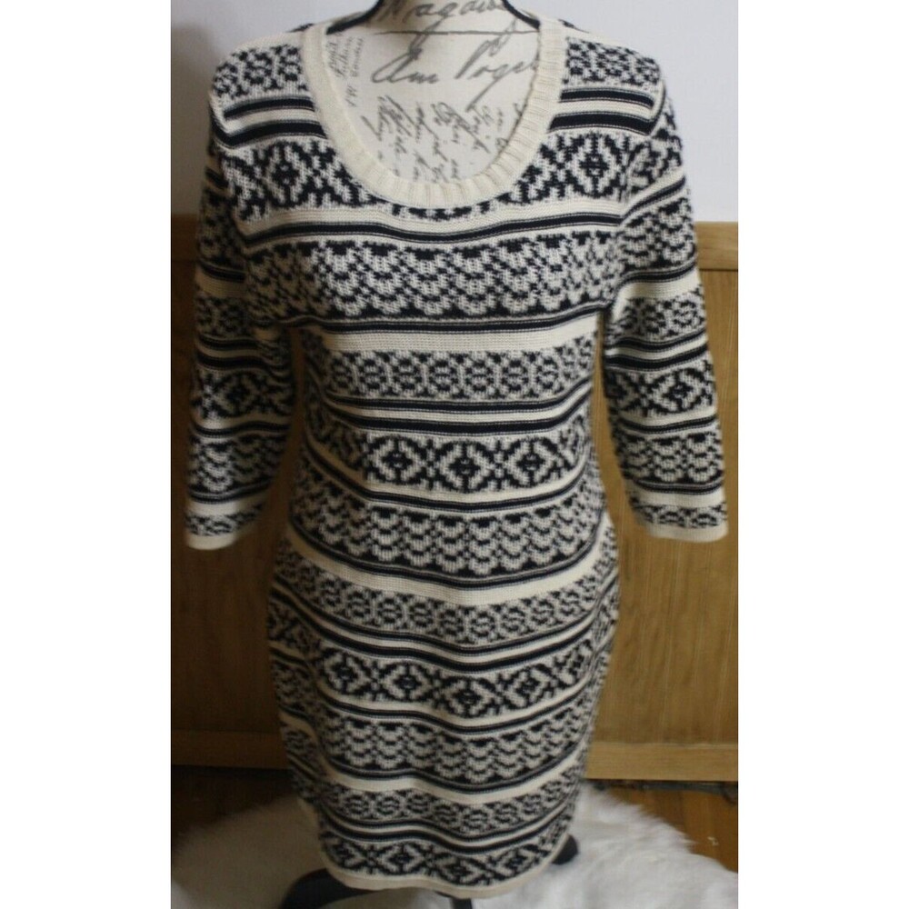 Maurice's Women Black & Cream Sweater Dress SZ L Stretchy Crew Neck 3/4 Sleeve
